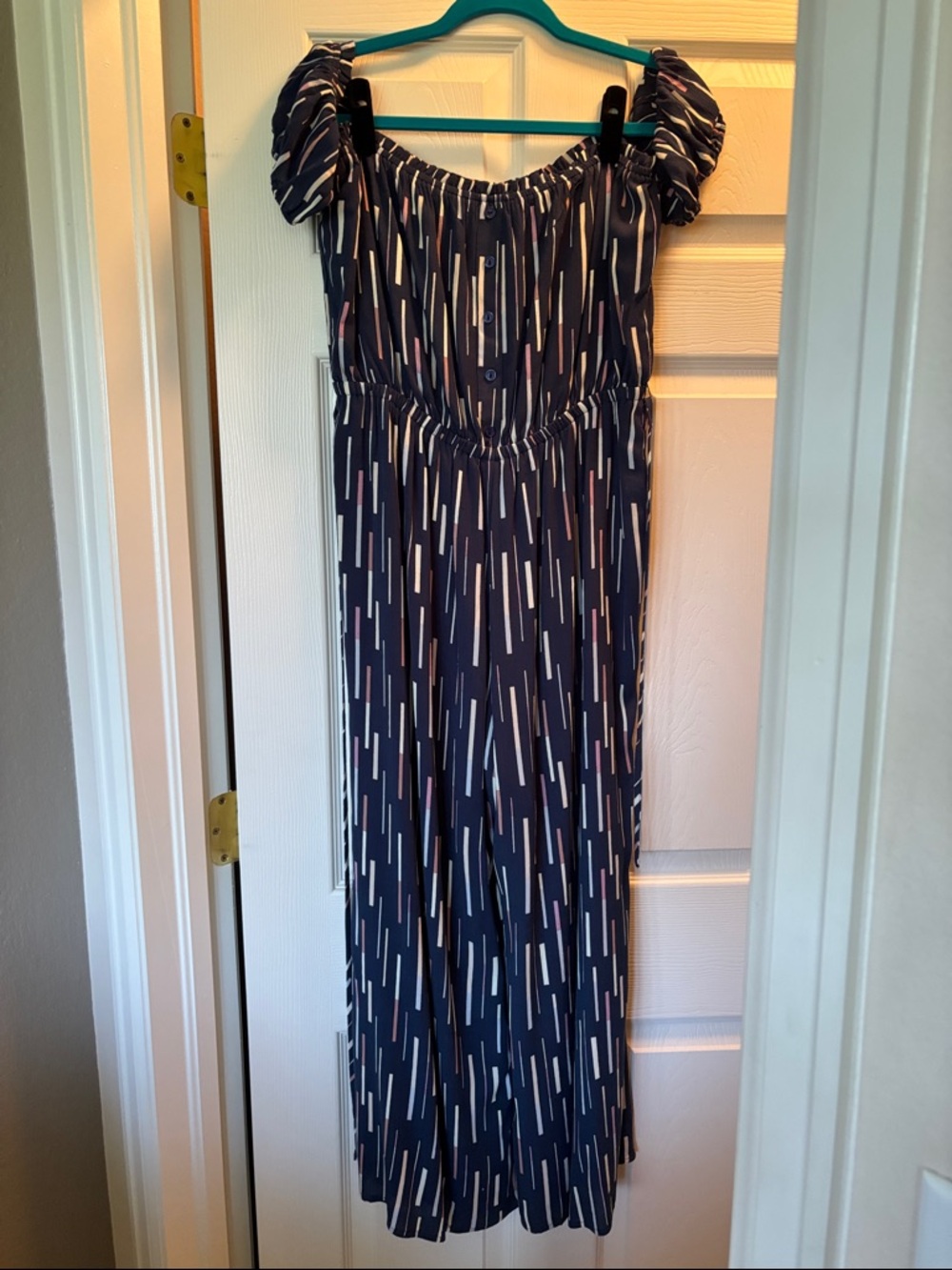 Lulus Off-Shoulder Navy Stripe Wide Leg Romper